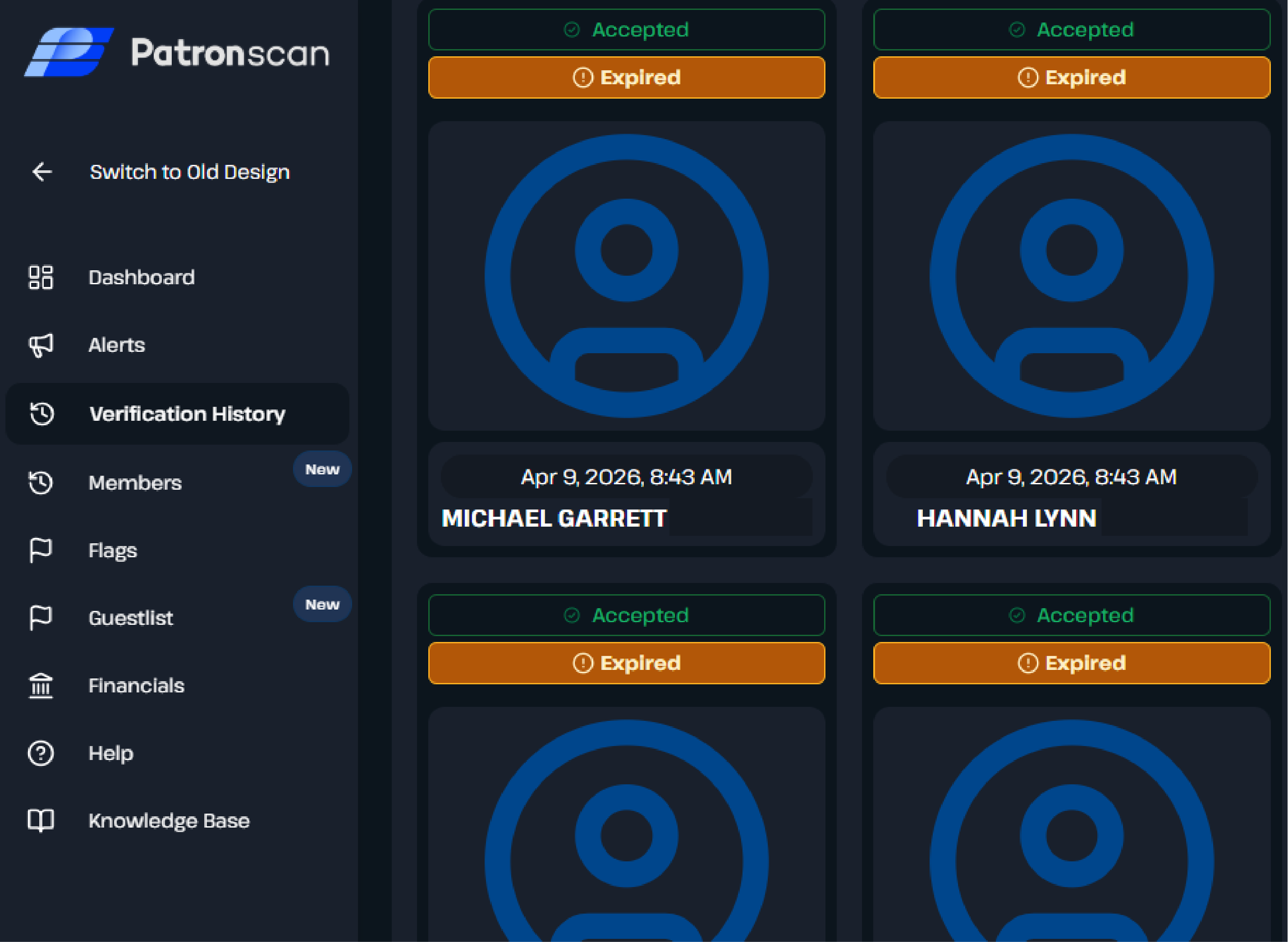 Patronscan Admin Portal Verification History Screen