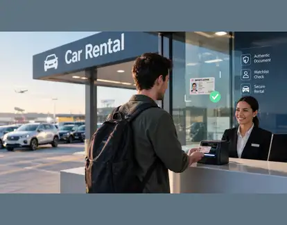 Car rental agent scanning a customer’s driver’s license with a forensic ID scanner at the rental counter